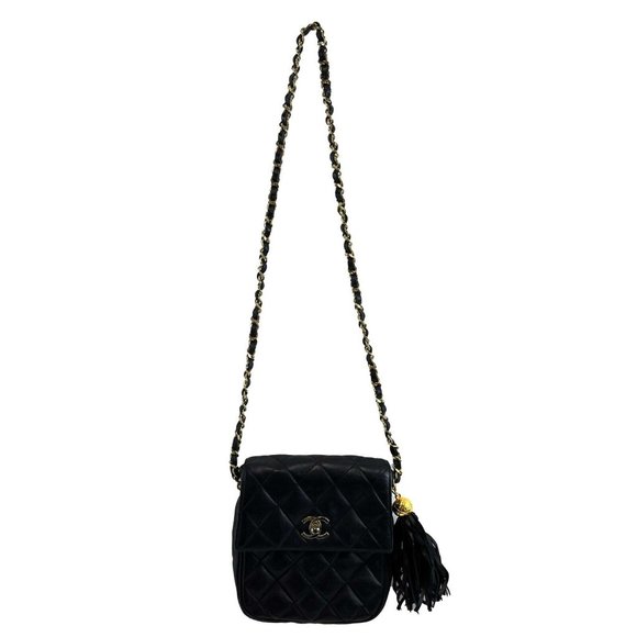 Chanel Small Square Flap Leather Vintage Gold CC Tassel Black Crossbody Handbag - Picture 2 of 13